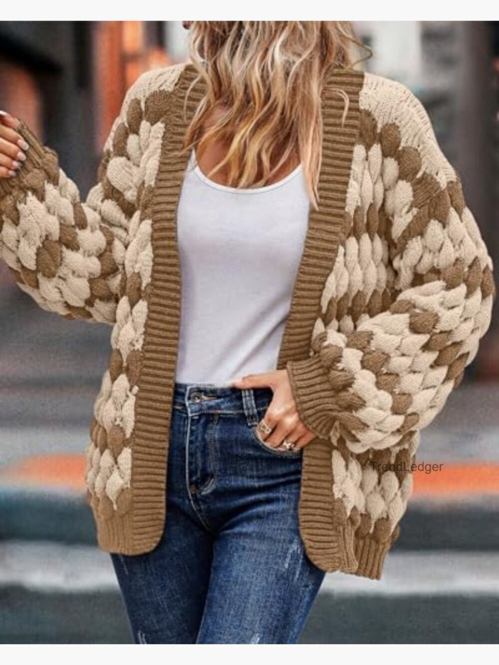 Chunky Cable Knit Lantern Sleeve Open Front Cardigan Sweater Coat - Picture 6 of 7